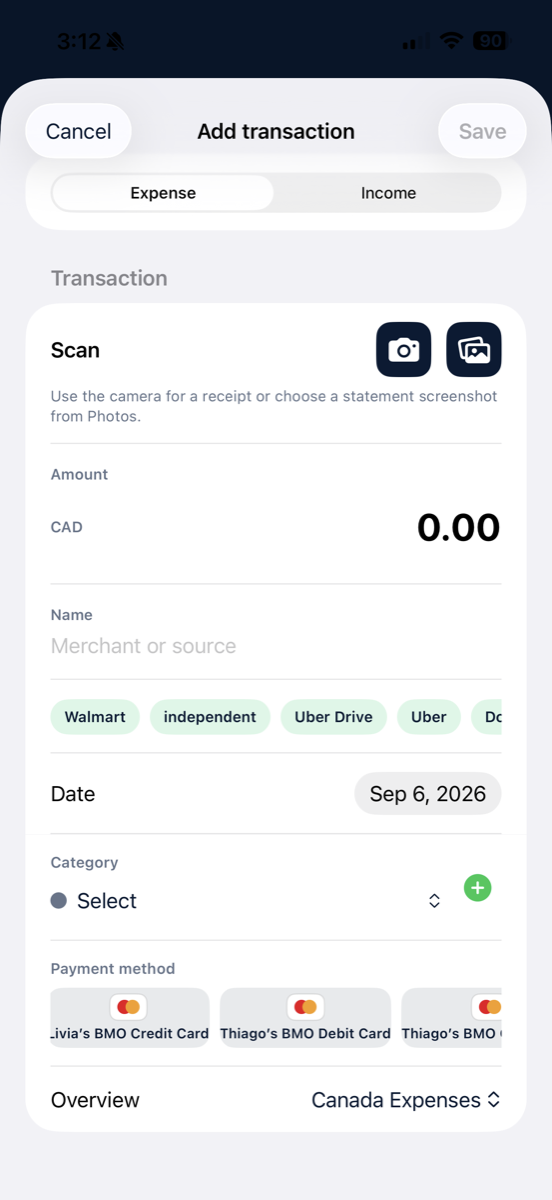 Daily transaction form in My Expenses